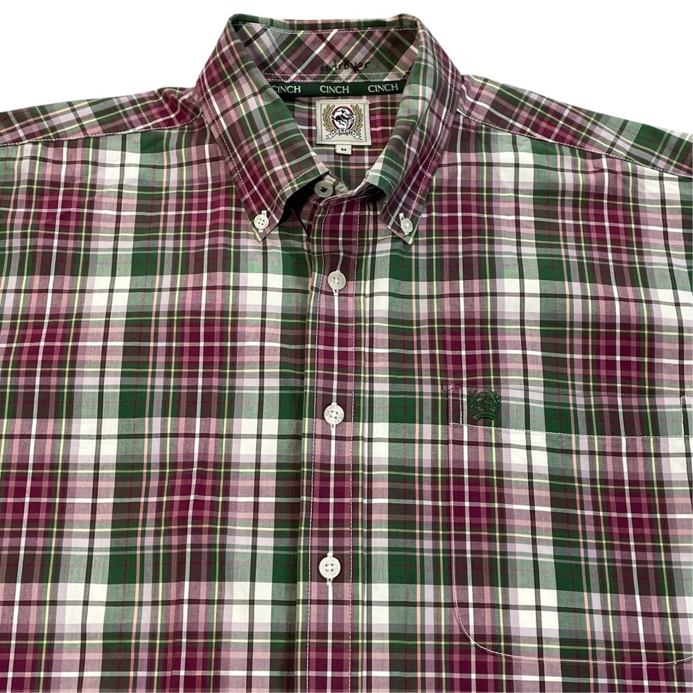 Cinch Mens Plaid Long Sleeve Button Down Western Shirt Green Burgundy Size M